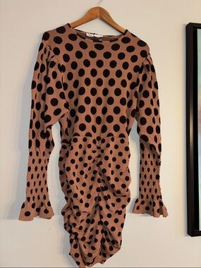 Zara Brown Knit Polka Dot Ruched Dress with Black Dots - size M